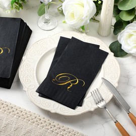 MotiMind 100 Pcs Black Napkins Monogram Paper Hand Towels for Bathroom Disposable Mongrammed Napkins Gold Foil Letter Black Napkins Decorative Towels Paper Dinner Napkin for Bathroom Wedding Party(R)