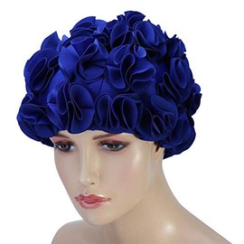 Keenso Women's Swimming Cap, Retro 3D Flowers Swimming Cap, Long Hair, Elastic Swimming Cap for Women and Girls (Blue)