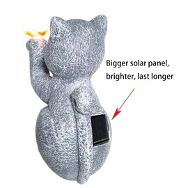 Clerodendrum Cat Kitten Kitty Pussycat Statue Decor Bigger Solar Panel with Solar Light on Butterfly, Decor for Home Garden Yard Porch Patio Balcony, Birthday Gifts for Women, Girls, Outdoor Indoor