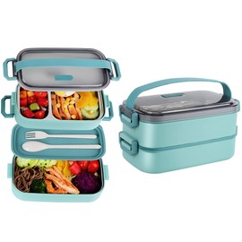 Bento Lunch Box for Kids Women Men, 47oz 2-Compartment Snack Salad Metal Food Prep Pack Container for Lunch, Stainless Steel 2 Layers Stackable Lunch Containers with Lids for Adults and Teens Green