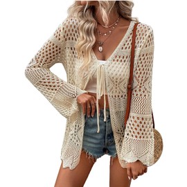 AI'MAGE Womens Kimono Beach Cover Up Crochet Swimsuit Coverups Summer Loose Knit Cardigans Causal Blouse Tops Swimwear Beige