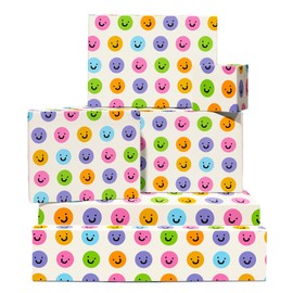 Colourful Gift Wrapping Paper - Multi Coloured Smiley Face - 6 Sheets Birthday Christmas Wedding Anniversary - For Men, Women, Friends - With Tags - Funny Paper