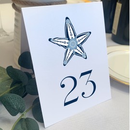 Starfish Wedding Table Numbers, 1-15, Double Sided, Tent or Use in a Stand, Great for Parties & Restaurants - Made in the USA