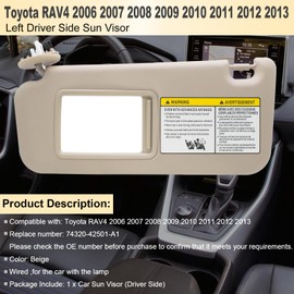 NHILES Left Driver Side Sun Visor Replacement Compatible with Toyota RAV4 2006 2007 2008 2009 2010 2011 2012 2013 with Light Replace# 74320-42501-A1 Beige