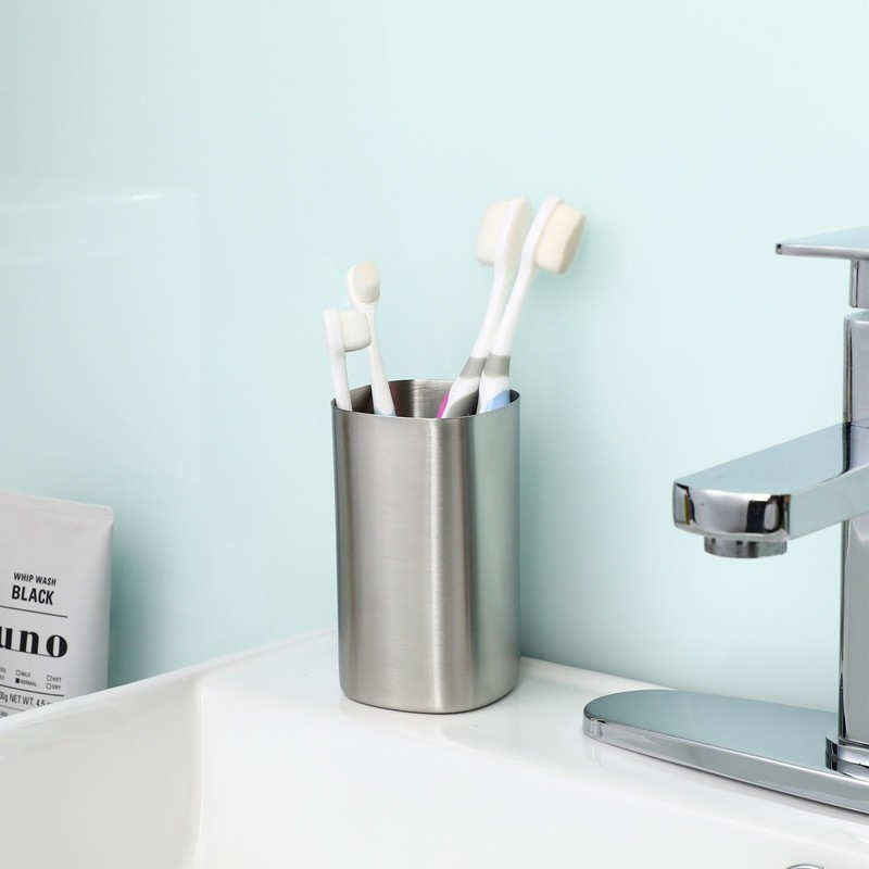 Veemoon Lightweight Stainless Steel Toothbrush Cup, Silver Metal Water Cup