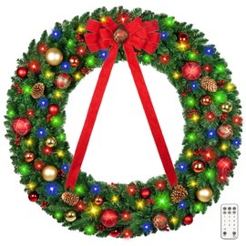 Vlorart 60 Inch Pre-lit Large Christmas Wreath with 210 LED Lights for Outside of House, Artificial Prelit Outdoor Wreath for Christmas Holiday Decoration for Door with Bow, Pine Cones, Ornament Balls