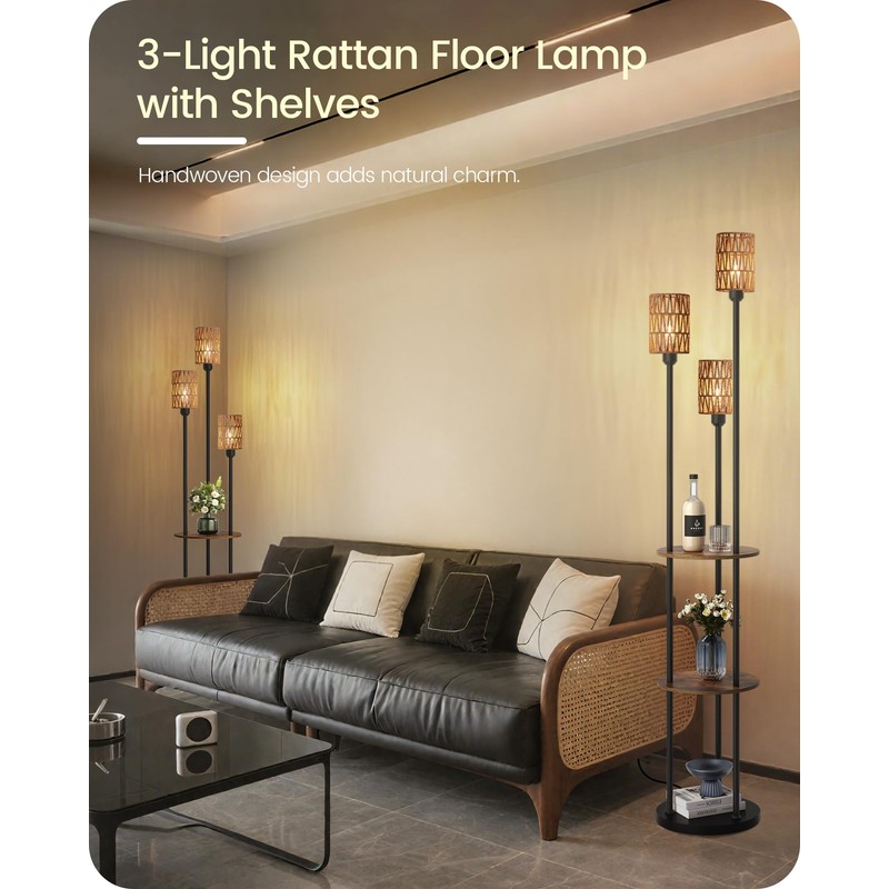 GOEBLESON Floor Lamp with Shelves, Boho Floor Lamp with Foot