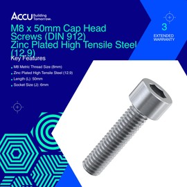 Accu - M8 x 50mm Cap Head Screws (DIN 912) - Zinc Plated High Tensile Steel (12.9) (Pack of 6)