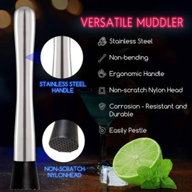 Set of 2 Cocktail Muddlers, Ice Crusher, Stainless Steel Pestle Cocktail with Cocktail Spoon, Mojito Masher, Cocktail Accessories, Cocktail Pestle for Cocktail Muddler for Kitchen, Bar, Restaurant,
