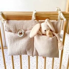 YeeMan Cotton Baby Bedside Hanging Storage Bag,2 Pockets Organizer for Baby Cribs and Toys (Oatmeal)