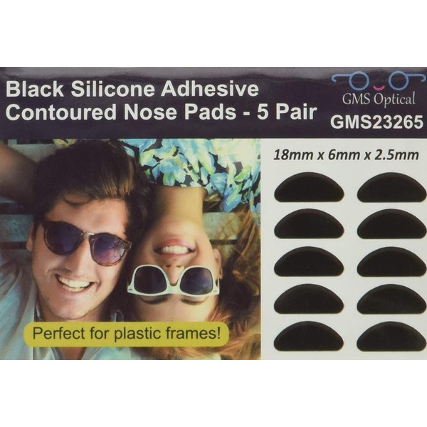 GMS Optical® 2.5mm Anti-Slip Adhesive Contoured Soft Silicone Nose Pads with Super Sticky Backing for Glasses, Sunglasses, and Eye Wear - 5 Pair (Black)