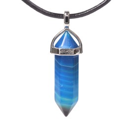 Dyed Blue Brazilian Agate Gemstone Hexagonal Pointed Reiki Chakra Pendant Genuine Leather Necklace 18 Inch