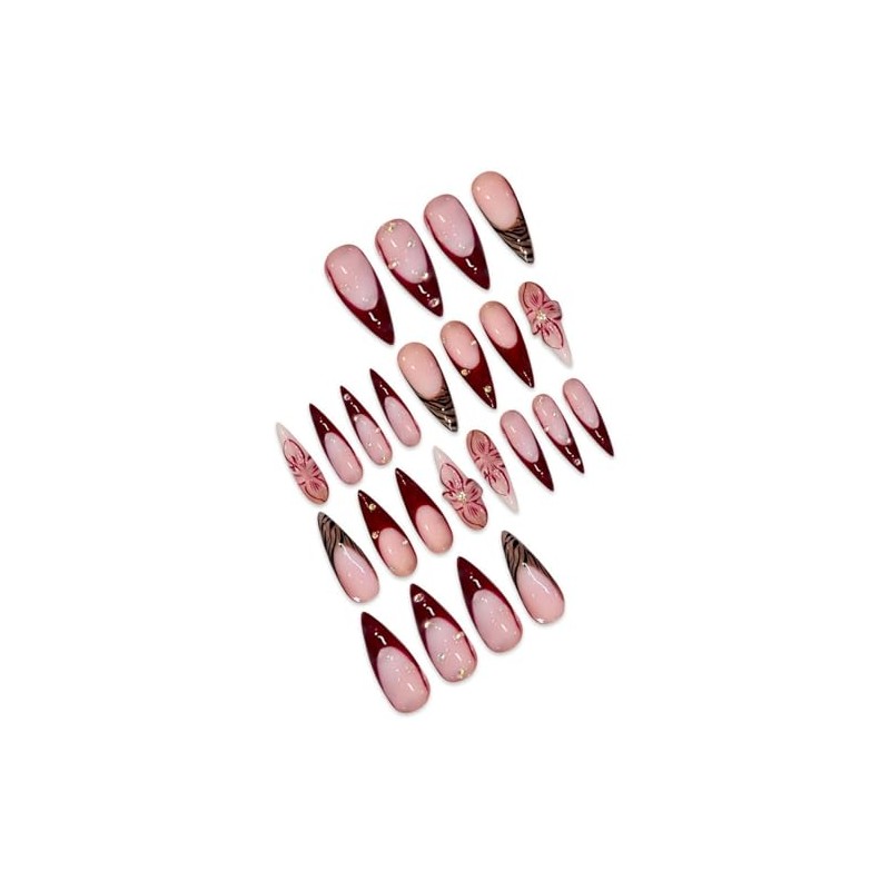Uñas Postizas Largas Con Presión, Estilo Stiletto, Francesas, Marrones, Con