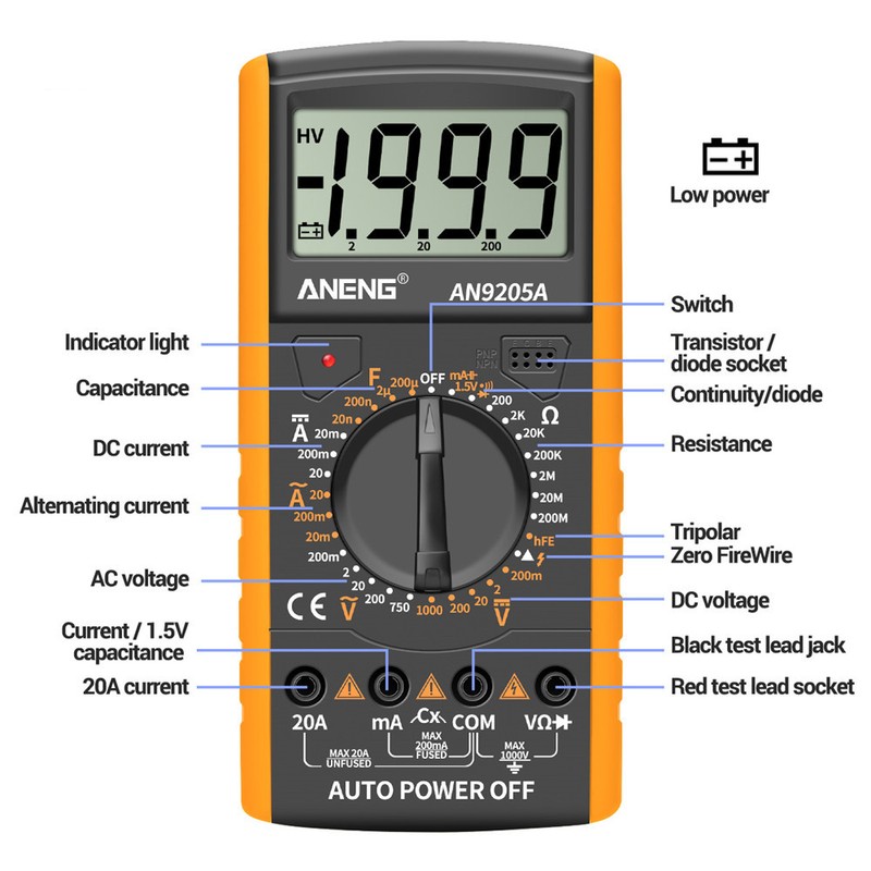 ANENG AN9205A Digital Multimeter 3 1/2 LCD Display 1999 Count