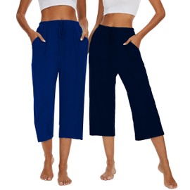 Kabento 2 Pack Womens Pajama Pants Capri Sleep Lounge Pants Drawstring Pj Bottoms with Pockets, Black & Navy Blue, Medium