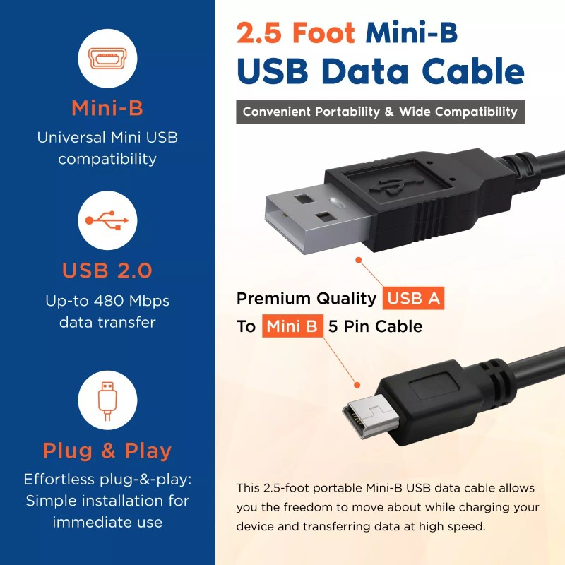 ROVE 2.5Ft Mini-USB Data Cable for R2-4K Dash Cam (with
