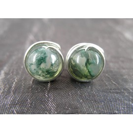 Stud Earrings - Gemstone Moss Agate - Silver-