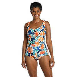 Maxine Of Hollywood Women's Standard Shirred Front Girl Leg One Piece Swimsuit, Multi//Joyful Blooms, 14