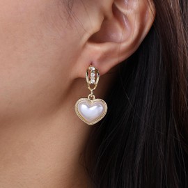 White Pearl Heart Earrings Gold Heart Shaped Earrings Heart Drop Earrings Cz Stud Heart Dangle Earrings Wedding Earrings Bridal Earrings Prom Vintage Statement Earrings Jewelry for Women