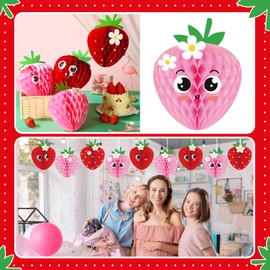 WILLBOND 9 Pcs Strawberry Honeycomb Balls Strawberry Birthday Party Supplies Favors Strawberry Table Centerpieces Tissue Paper Honeycomb Tabletop Hanging Decors for Party Baby Shower (Cute Expression)