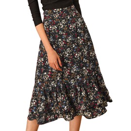 Allegra K Women's Printed Skirt Chiffon Elastic Waist Ruffle Tiered Flowy Midi Skirt Black-Floral 20