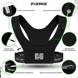 FIZRIG Running Phone Holder Vest | Chest Phone Pouch | Lightweight | Secure Key Clip Holder | Reflective | 2 Shoulder Pockets | Men & Women