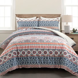 Lush Decor Nesco Stripe Reversible Cotton 3 Piece Duvet Cover Set, Full/Queen, Navy & Coral