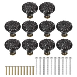 uxcell 10Pcs Ceramic Knobs, 34mm/1.34" Flower Pattern Mushroom Knob Raised Base Drawer Pull Handle Vintage Wardrobe Knobs with Screws for Vanity Bedroom Furniture Closet, Black
