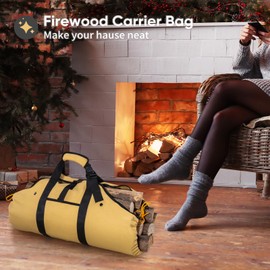 Firewood Carrier Waxed Canvas Log Carrier Sturdy Firewood Bags Heavy Duty Firewood Carriers With Handles Security Strap Large Log Tote Fire Wood Carrying Sling Fireplace Camping Wood Stove Accessories
