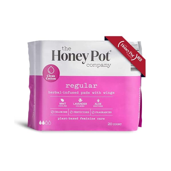 The Honey Pot Company Clean Cotton Regular Absorbency Pads (20 Count), Herbal-Infused Pads with Wings, Plant-Derived Feminine & Menstrual Care