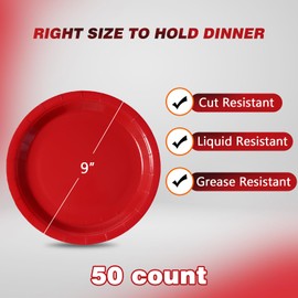 Tyzarglef Disposable Paper Plates Red, 50 Count 9” Dinner Plates Bulk for Party Supplies, Colored and Sturdy Party Plates for Birthday, Christmas, Baby shower, Bridal party supplies