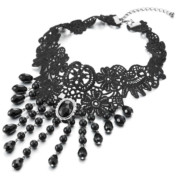 Gothic Victorian Nostalgic Black Lace Choker Necklace with Dangling Black