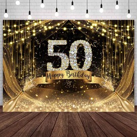 AIBIIN 7x5ft Happy 50th Birthday Backdrop 50th Birthday Banner Black Gold Glitter 50th Birthday Party Decorations Supplies Photo Studio Props