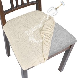 SearchI Waterproof Seat Covers for Dining Room Chairs Stretch Jacquard Chair Seat Covers Set of 6, Removable Washable Kitchen Chair Seat Protector Cushion Slipcovers for Office (Beige Leaf)