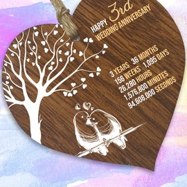 3rd Wedding Anniversary Wooden Heart Plaque, Dark Wood Sign Keepsake, Celebrate Leather Anniversary Wife Husband Boyfriend Girlfriend, Plaque with Quotes Gifts from the Kids
