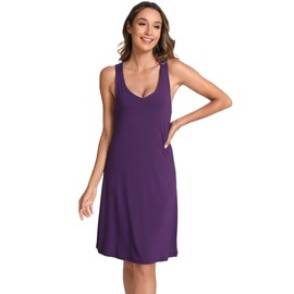 GYS Bamboo Viscose Sleeveless Nightgowns for Women V-neck Wide Strap Sleep Shirt, Purple, Small