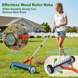 Wheeled Dethatching Rake for Lawn - 15" Heavy Duty Stainless Steel Thatch Rake with Adjustable Long Handle 35"-67", Manual Thatcher for Dead Grass and Soil Loosening (Orange - 67”)