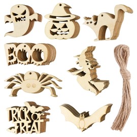 CHRORINE 80 Pcs Halloween Wooden Slices Wooden Tags Halloween Wooden Hanging Ornaments Crafts with Twine for Halloween Hanging Decoration, DIY Supplies, Halloween Party