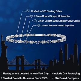 Gem Stone King Blue Created Sapphire and White Moissanite Tennis Bracelet for Women in 925 Sterling Silver | 1.76 Cttw | Round 2.5MM | Gemstone September Birthstone | 7 Inch