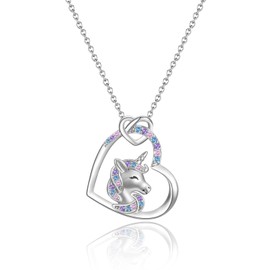 JOPLY Silver Necklace for Girls - Silver Necklace Unicorn Gifts for Girls Daughter from Mum | Hypoallergenic Cubic Zirconia Heart Necklace for Granddaughter Niece Gift Birthday Christmas