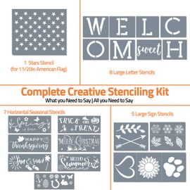 ULPO Crafts Seasonal Stencils for Painting on Wood Reusable Kit, Large 26 PC. Set, Celebrate Holidays and Seasons, Spring Welcome Home Signs, Letters, Designs and American Flag Stars Stencil