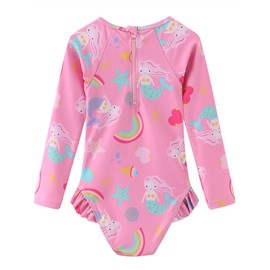 Moon Tree Baby Girls One Piece Swimsuits Long Sleeve Rash Guard Zipper Back Bathing Suit Sun Protection UPF 50+ Pink Rainbow 5T