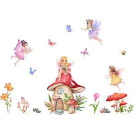 Fairy Girls Wall Decals Mushroom with Flowers Butterfly Wall Stickers for Baby Nursery Girls Bedroom Wall Decor