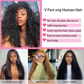 sterly V Part Wig Human Hair Glueless No Leave Out Upgrade U Part Wigs Burmese Curly Wig with Spiral End Deep Curly Wigs For Women Full Head Clip In Half Wigs 200% Density16inch