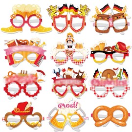 HOWAF 24 Stück Oktoberfest Foto Requisiten Partybrille Damen, Bier Brezel Wurst Papier Brillen für Oktoberfest Kostüm Damen Bayrisch Wiesn Kostüm, Rot Weiß