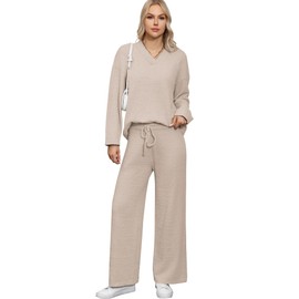 HNG Lounge Sets for Women Two Piece Outfits Fuzzy Fleece Pajama Set Long Sleeve Pullover Sweater Top and Wide Leg Pants Khaki S