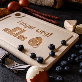 Spruchreif Wooden chopping board with funny engraving and finger hole, chopping board with egg holder, breakfast board, "Finger weg! mEIns"