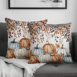 Cryfox Fall Pillow Covers Autumn Pumpkins Watercolor Throw Pillow Covers 18x18 Inch Set of 2 Decorative Fallen Leaves Farmhouse Cushion Case for Home Sofa Bed