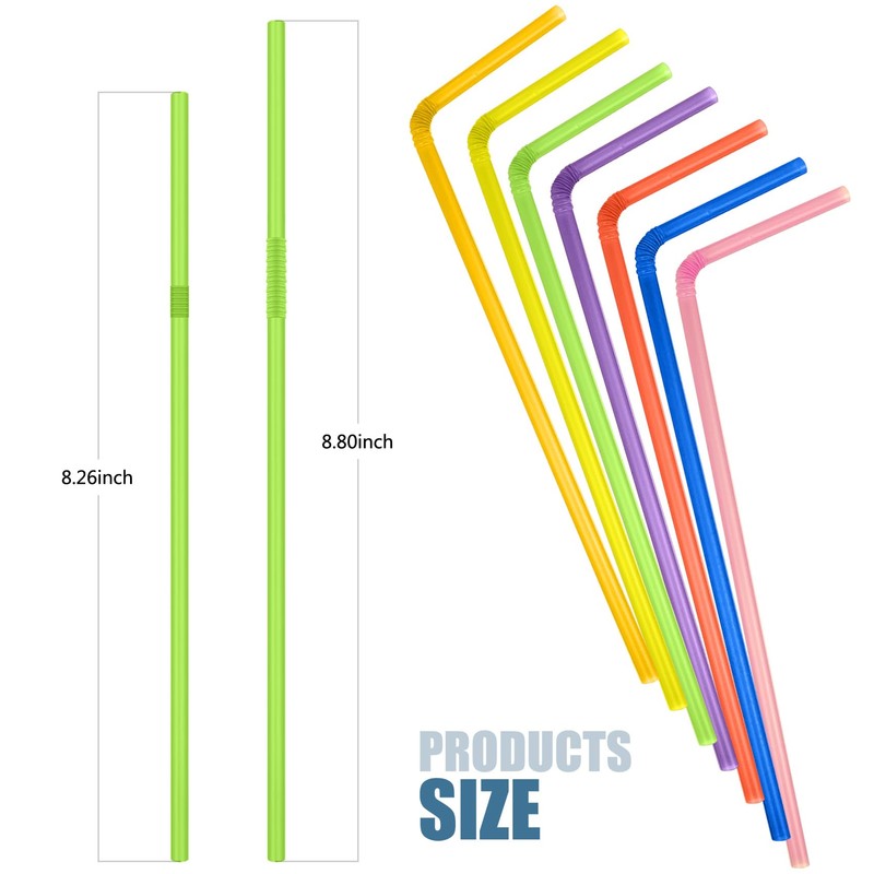 100 Pcs Colorful Plastic Straws - 8.26 Inch Flexible Disposable