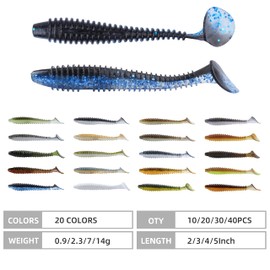 RUNCL ProBite Paddle Tail Swimbaits Black Blue, Soft Fishing Lures - Natural Oils, Ribbed Design, Paddle Tail, Hook Slot, Proven Colors - Bass Fishing Lures Baits 09 (4in, Pack of 20)